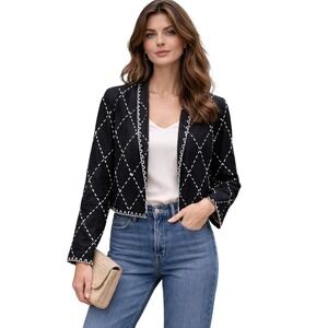 DKNY 100% Linen Black White Embroidered Jacket M Cropped Boxy Boho Parisian Chic